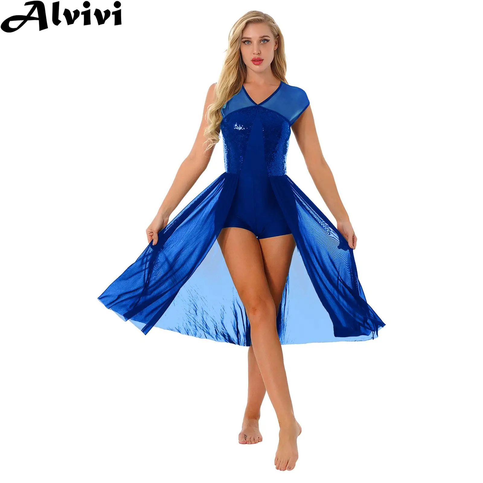 

Women Lyrical Dance Leotard Dress Shiny Sequin Sheer Mesh Contemporary Ballet Dancing Maxi Dress Stage Performance Dancewear