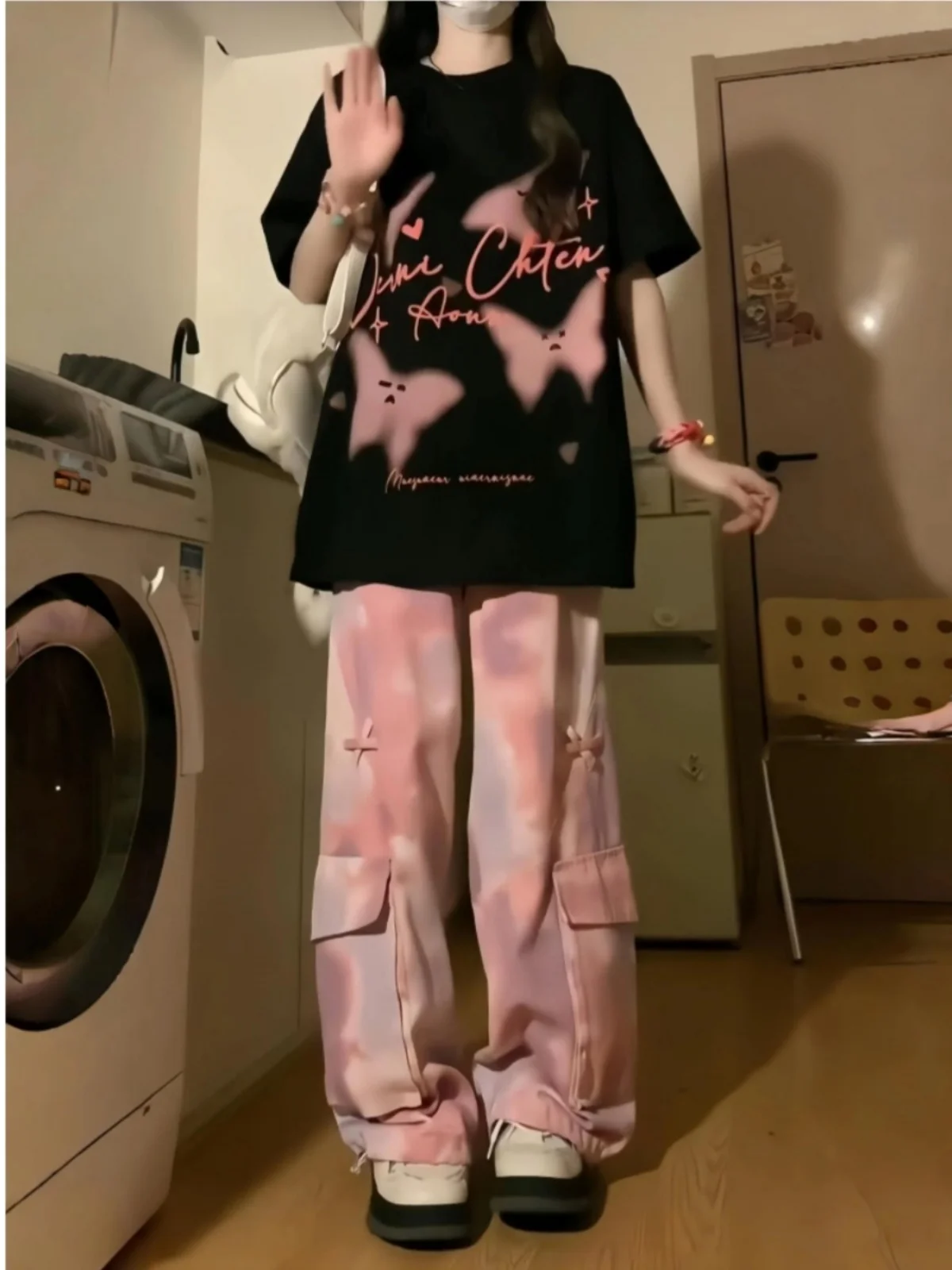 

American Retro Summer Sportswear Set Women's Design Knot ort Sve T-irt plus Workwear Long Pants Two-Piece Set