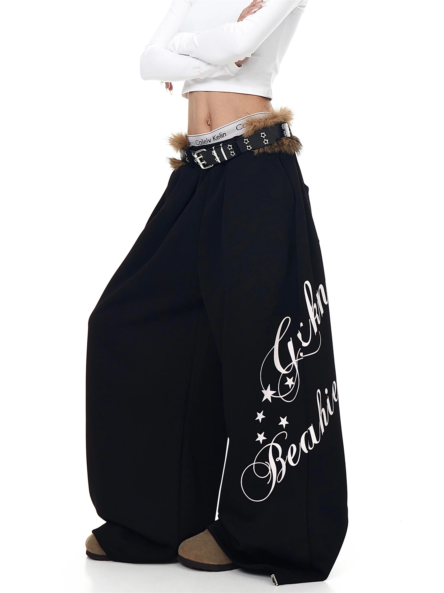 Women's Y2K Gothic Baggy Pants Streetwear Loose Wide Leg Trousers with Letter Print Casual Hip Hop Fashion Pants
