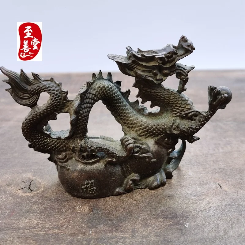 Antique collectible, old patina, imitation antique alloy copper living room decoration, zodiac flying dragon11*3*7CM