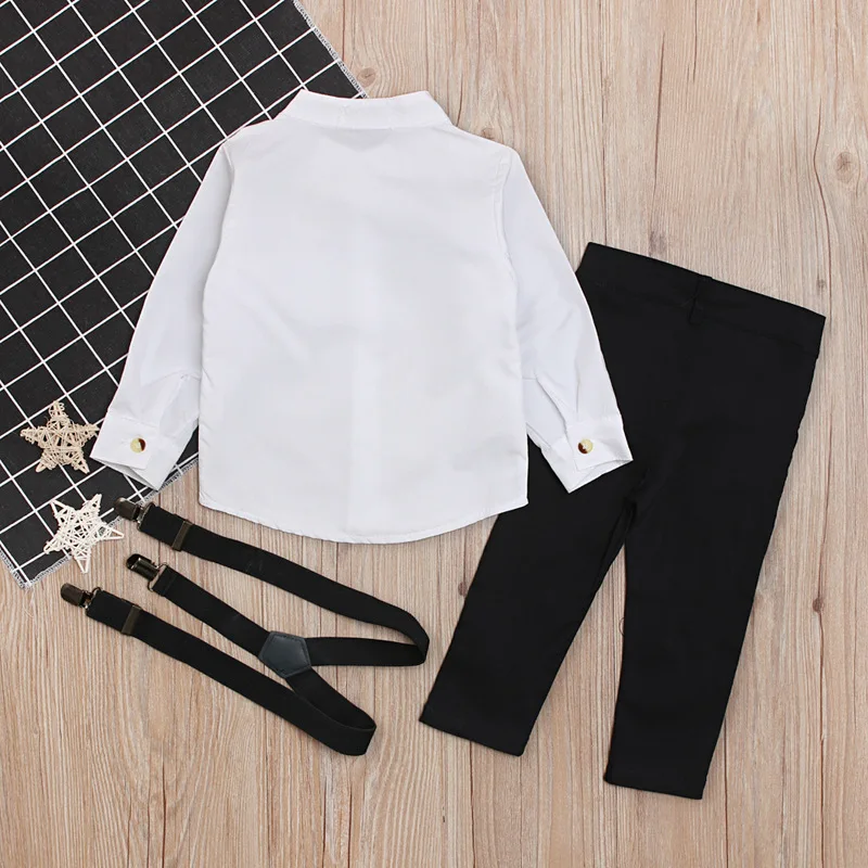 Lente Jongens Boetiek Kleding Set Mode Gentleman Witte Lange Mouw Katoenen Baby Tops + Broek + Bandjes Koreaanse Kinderkleding BC1057-1