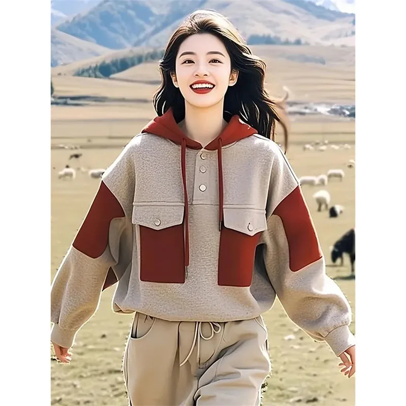 Splicing Contrast Warm Thick Hooded Sweater Women's 2025 New Late Autumn And Early Winter Lazy Wind High-Grade Top