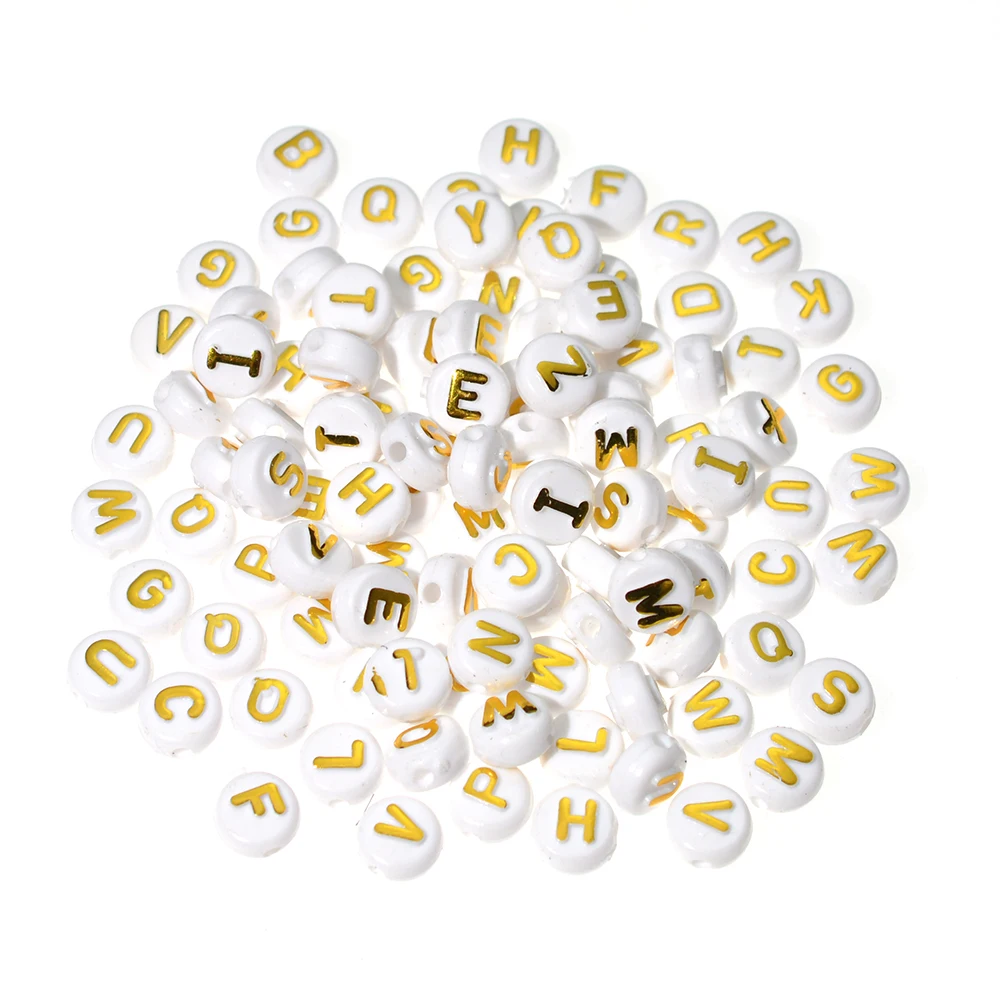 10mm White Round Mixed Letter Acrylic Beads Gold Color Flat Alphabet Loose Beads for Jewelry Making Supplies Diy Accessories