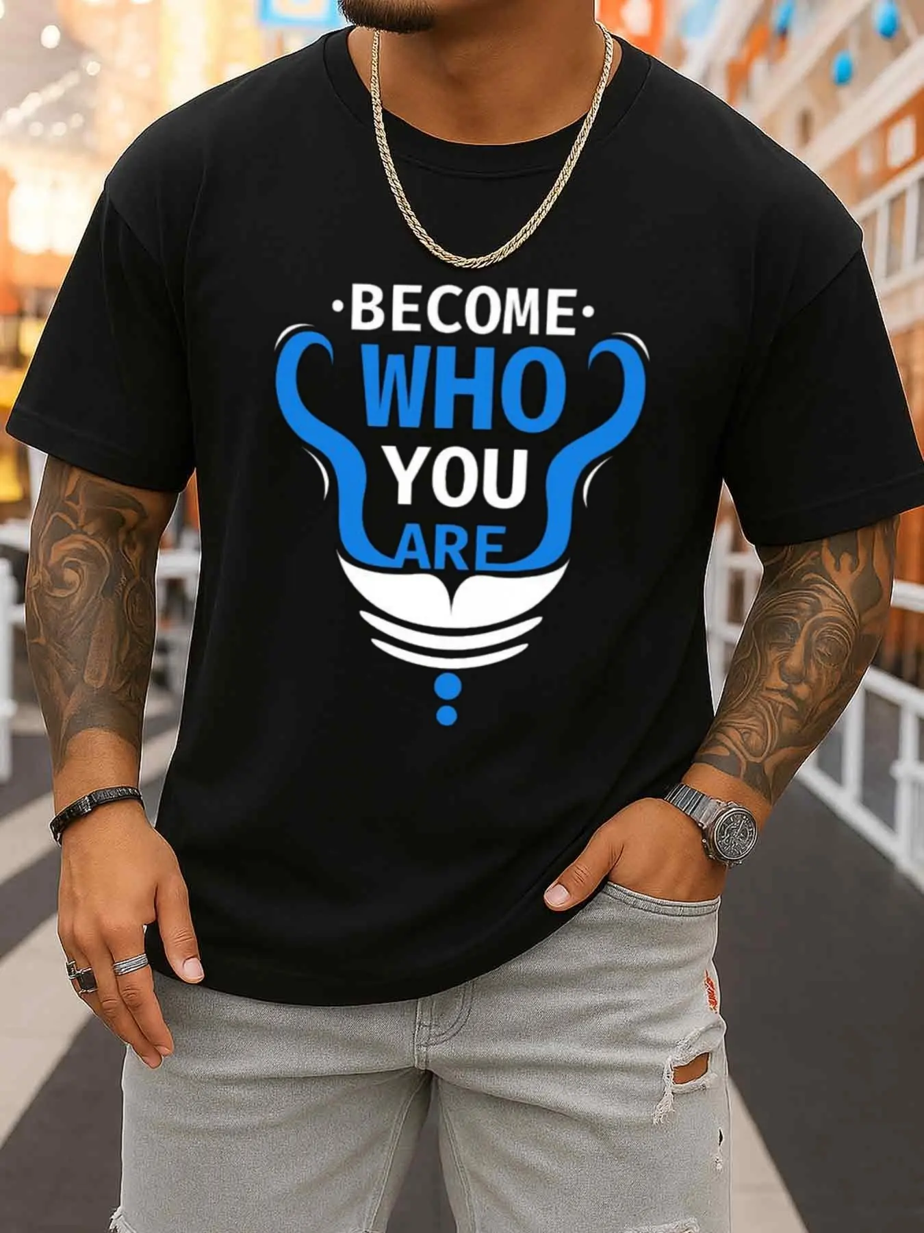 Men's Black Round Neck T-Shirt with 'Be True to Yourself' Design, Made from Breathable Material. This Short-Sleeved Shirt Is Light And Refreshing, Ideal for Summer Activities And Casual Wear, Featuring a Comfortable Elastic Fabric