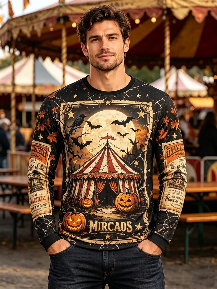 Men's Halloween Pumpkin Scarecrow Long Sleeve T-Shirt Skeleton Raven Tombstone Graphic Tee Spooky Streetwear Pullover Tops Gift