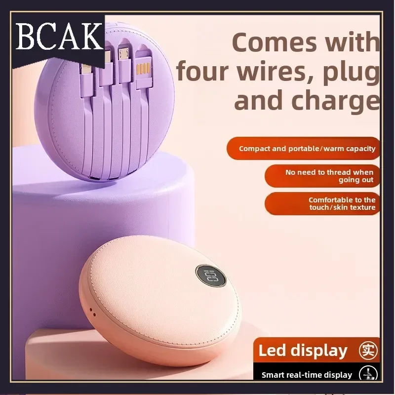 Personalized Mini Leather Pattern Round with Its Own Cable Power Bank 20000mAh Small BCAK Mobile Power for Xiaomi Iphone Samsung