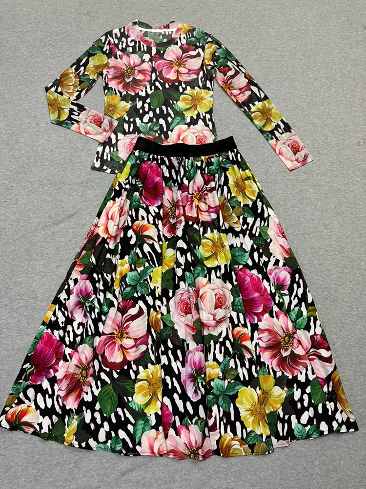 Conjunto de duas peças de camiseta de malha de malha estampada retrô do designer para roupas femininas de outono 2025 + cintura elástica saia solta conjunto de moda