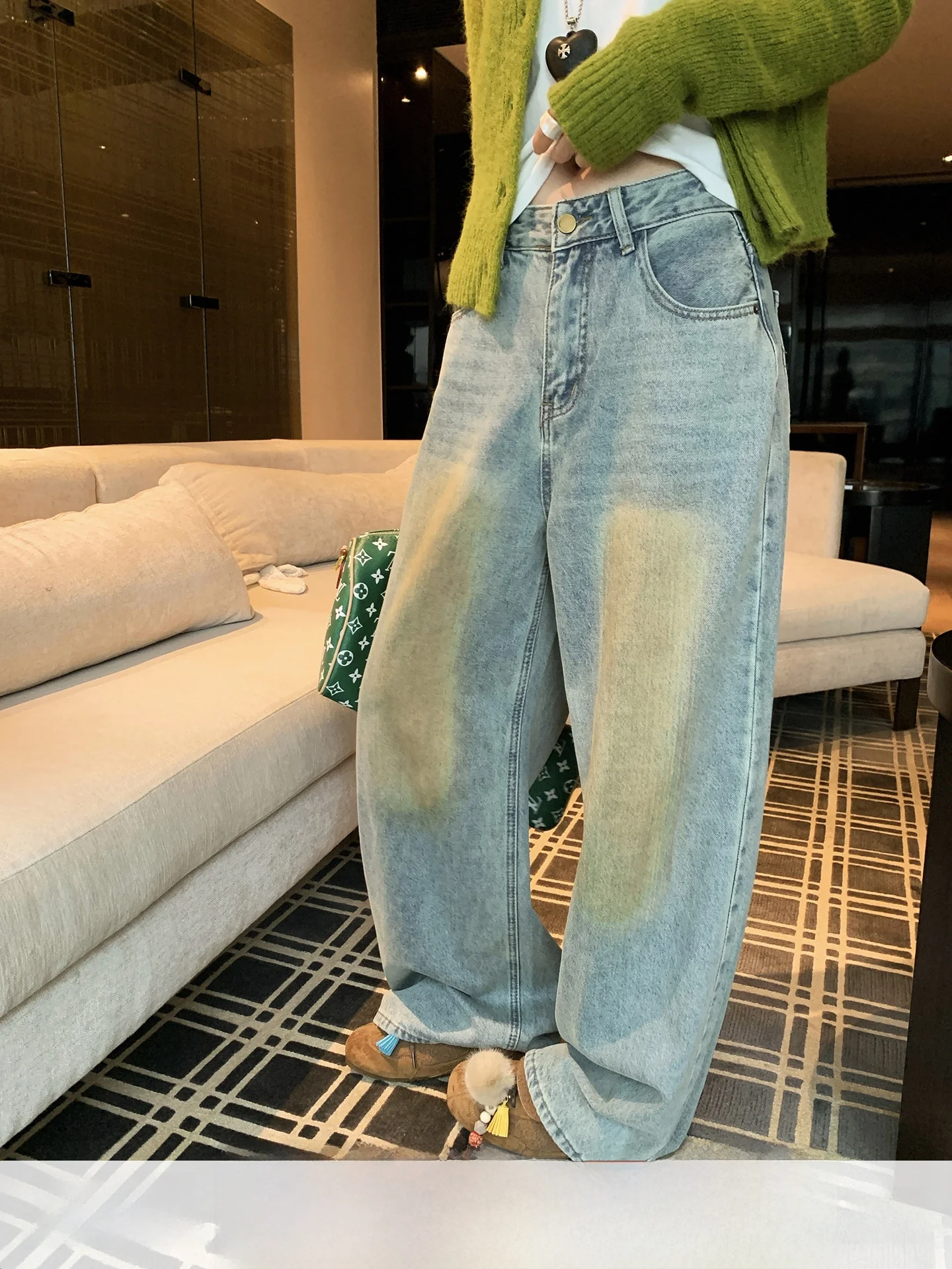 

Retro Faded Wide Leg Denim Jeans Women's Autumn Winter Slim Straight Floor-Length Pants Casual l Waist Jeans