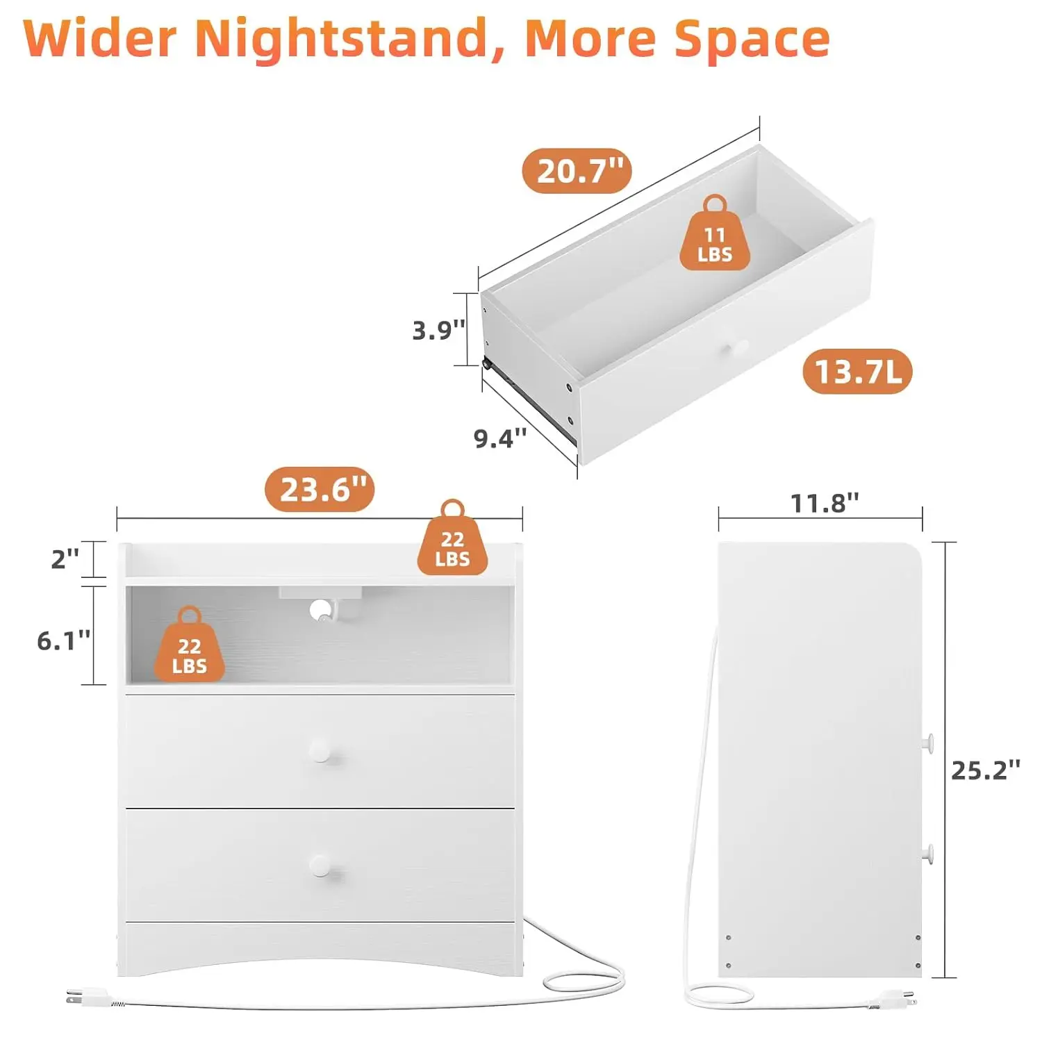 2 Pack Nightstand with Charging Station and LED Light, Modern Nightstand with USB Ports and Outlets, Wood Bedside, Customized