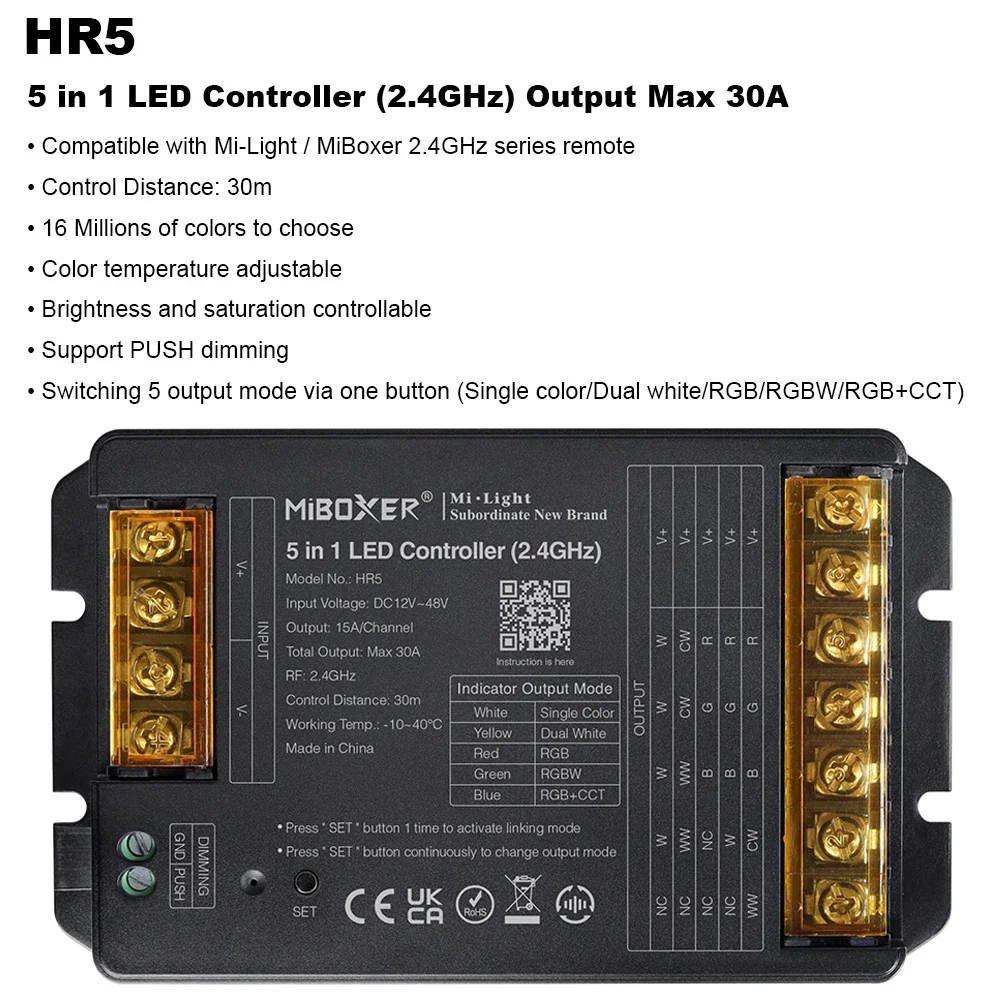 Miboxer HR5 5in1/HR2 2in1  (2.4GHz) Output Max 30A Brightness Single color / Dual white / RGB / RGBW / RGB+CCT LED Controller