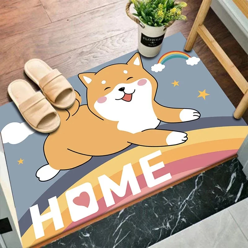 VIKAMA Cute Cartoon Shiba Inu Doormat, Non-slip Absorbent Entrance Floor Mat, Washable Entry Rug for Home Kitchen Decor