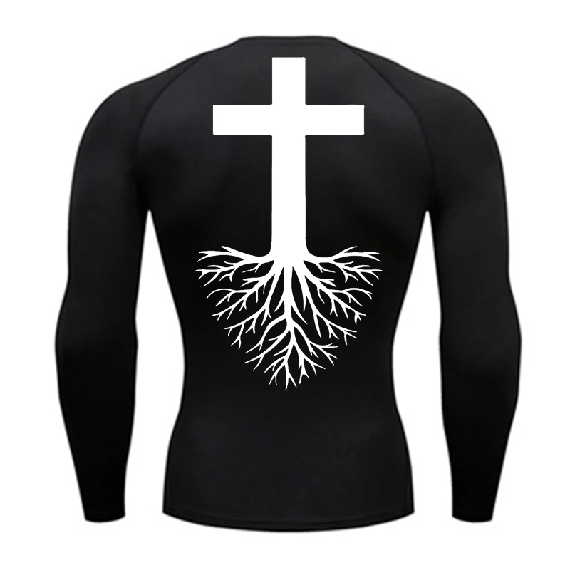 Cross Graphic Long Sleeve Compression Shirt for Men Christian Athletic Workout T-shirts Tops Spring Fall Baselayers Undershirts