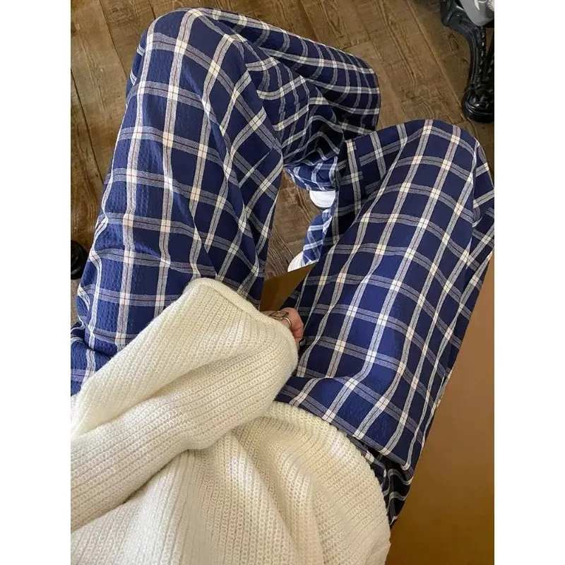 2025 New Spring Retro Blue Plaid Button Pants Women High Waisted Casual Female Students Loose Niche Floor Length Wide Leg Pants