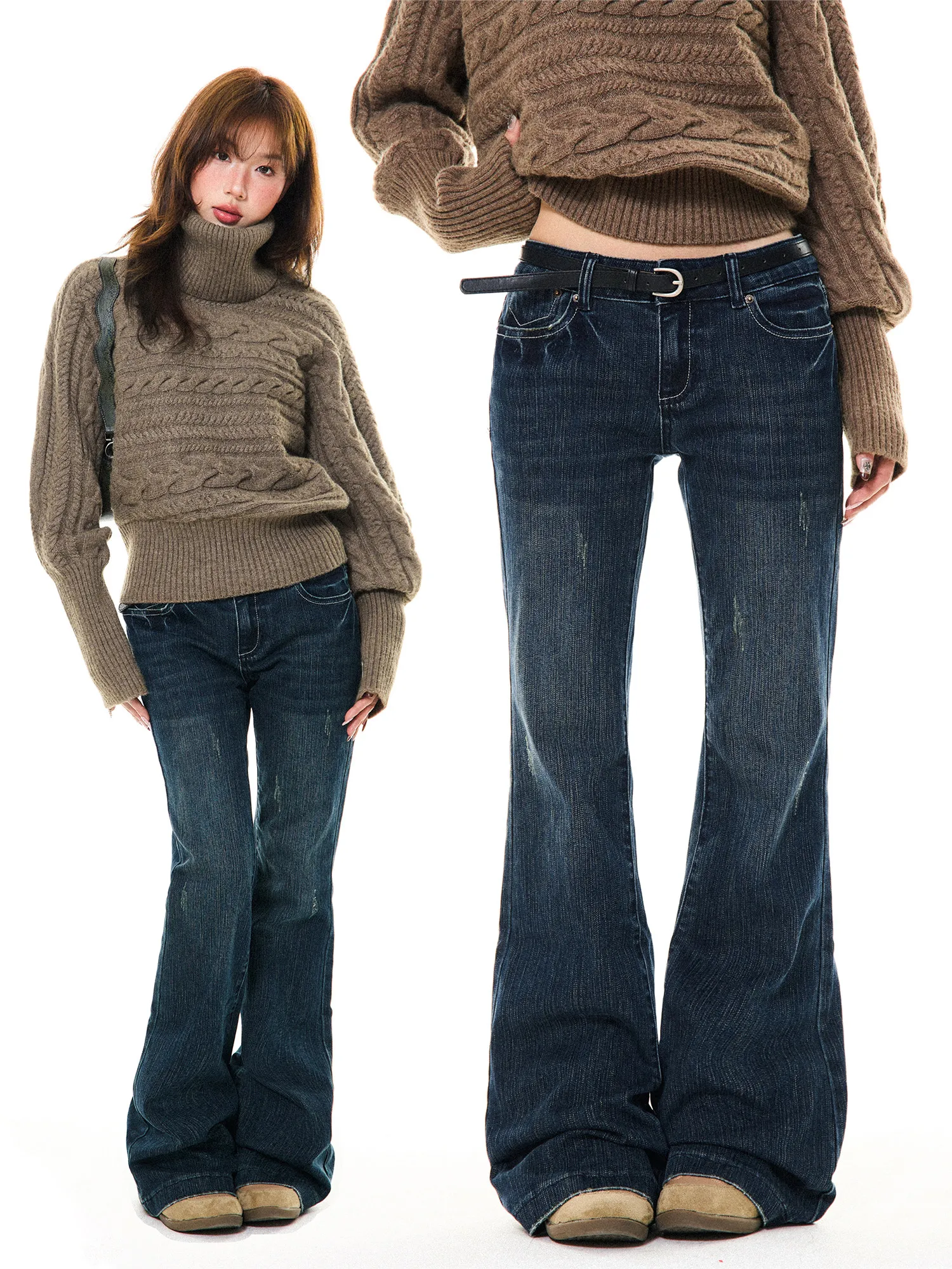 

Джинсы-клеш Young Stage в американском ретро-стиле, облегающие, с эффектом потертости, для женщин, повседневные брюки в стиле Spicy Girl, средней эластичности, размер L, на талии