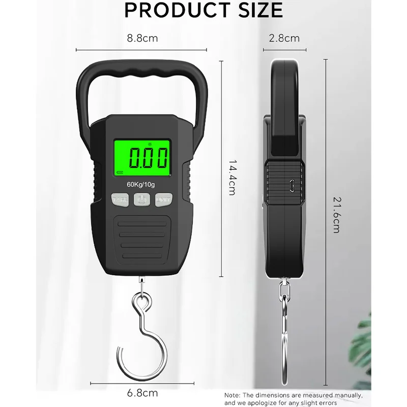 Imagem -06 - Portátil Lcd Digital Pesca Pendurado Escala Bagagem Mala Peso Bagagem Gancho de Viagem Ferramenta Peso Eletrônico 60kg 10g