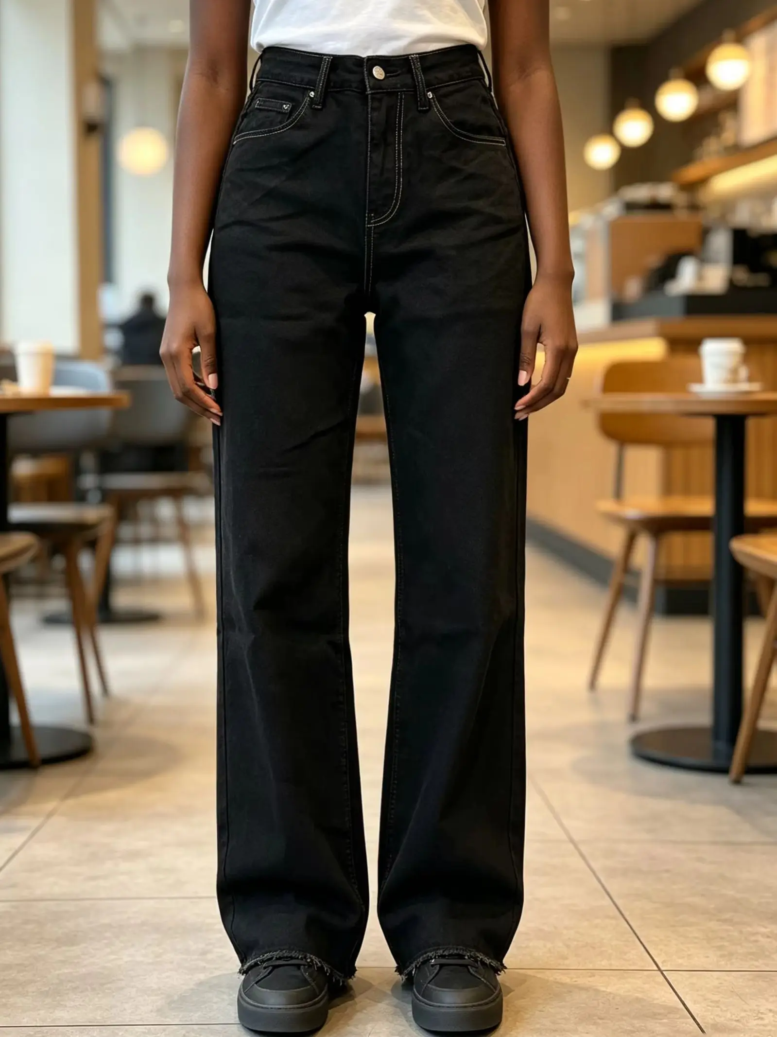 Women Spring Autumn Black Wide Leg Jeans High Waist Raw Hem Loose Draping Casual Long Pants