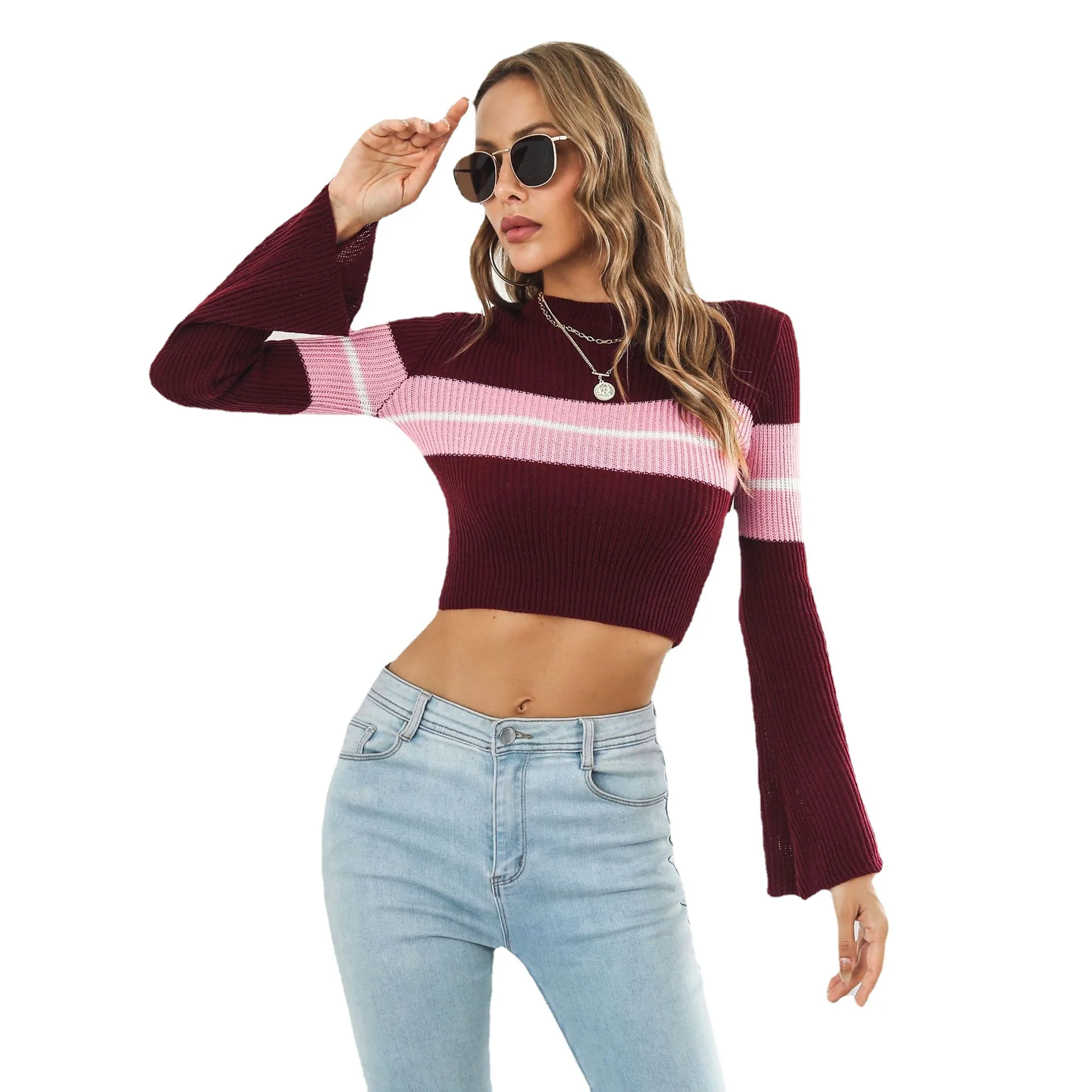 

Casual Women's Clothing SweatersJumpers Pullovers O -Neck Striped Contrasting Short Sweater Female Autumn Winter Long Sleeved