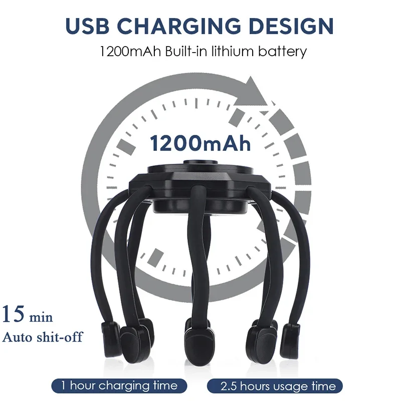 Электрический массажер для головы с когтями осьминога, 3 режима вибрации, массаж кожи головы, терапевтический скребок для головы, облегчение усталости головы, улучшение сна