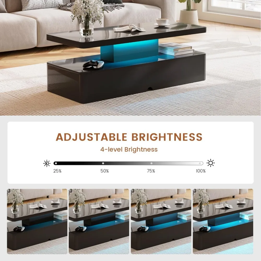 Mesa de centro moderna, mesas de centro de 40 polegadas com luzes LED de 16 cores, mesa central retangular de 2 camadas, grande espaço de armazenamento, H