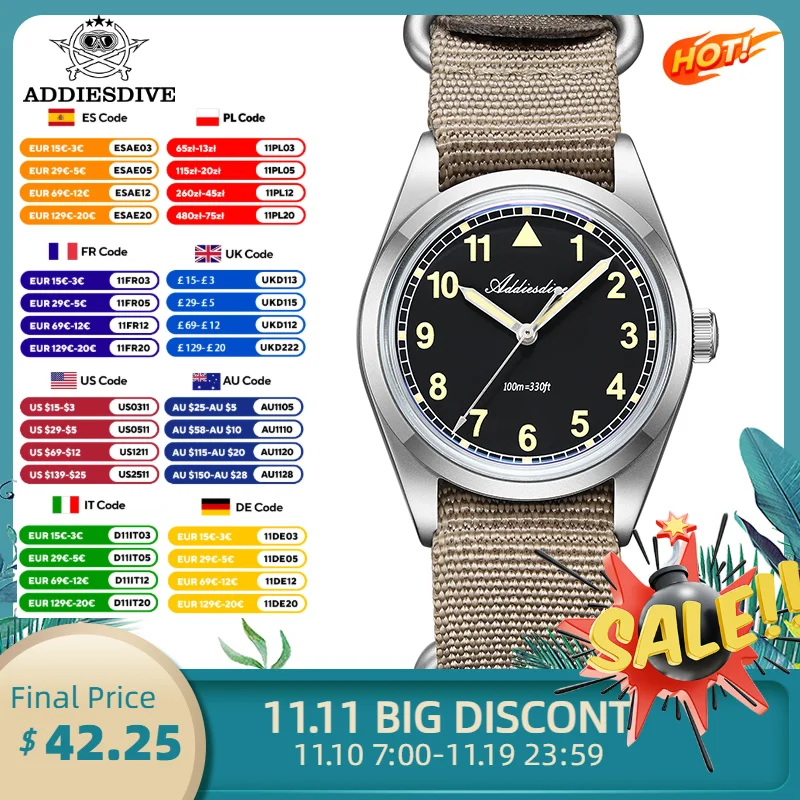 

ADDIESDIVE Mens Watches 36mm Bubble Mirror Glass VH31 Quartz Watch Retro Pilot 100m Waterproof Luminous Wristwatch New AD2079