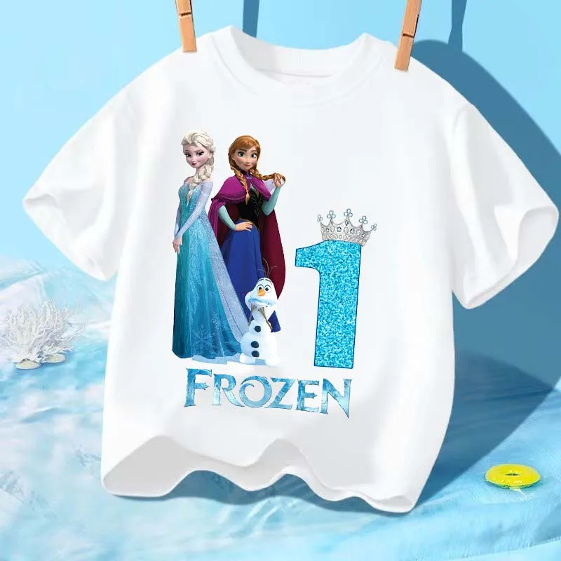 

Frozen Anna Elsa Birthday Digital T-shirt Girls Baby 1-9 Years Old Cartoon Pattern Short Sleeve Party Tee Children Clothing Tops