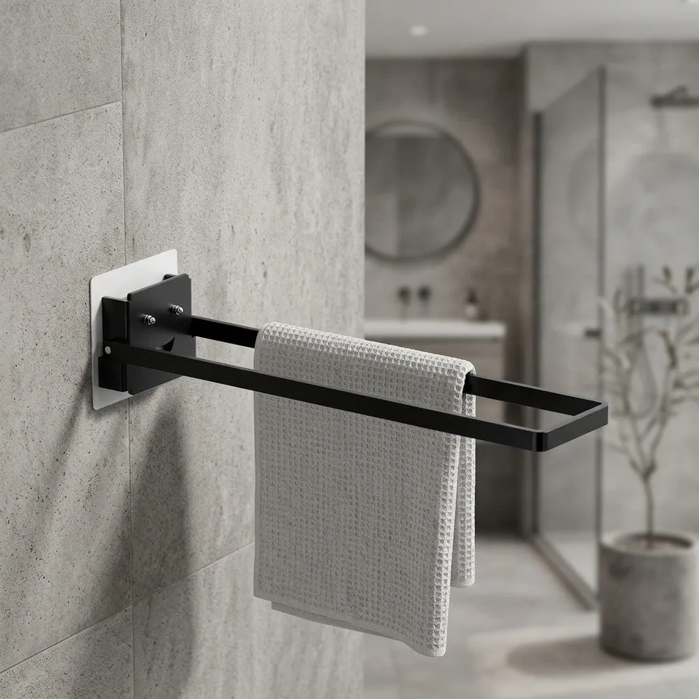 Foldable Black Towel Holder SUS 304 Stainless Steel for Small Bathrooms Kitchens Cabinet Doors 25x7.8x7.2cm Dimensions