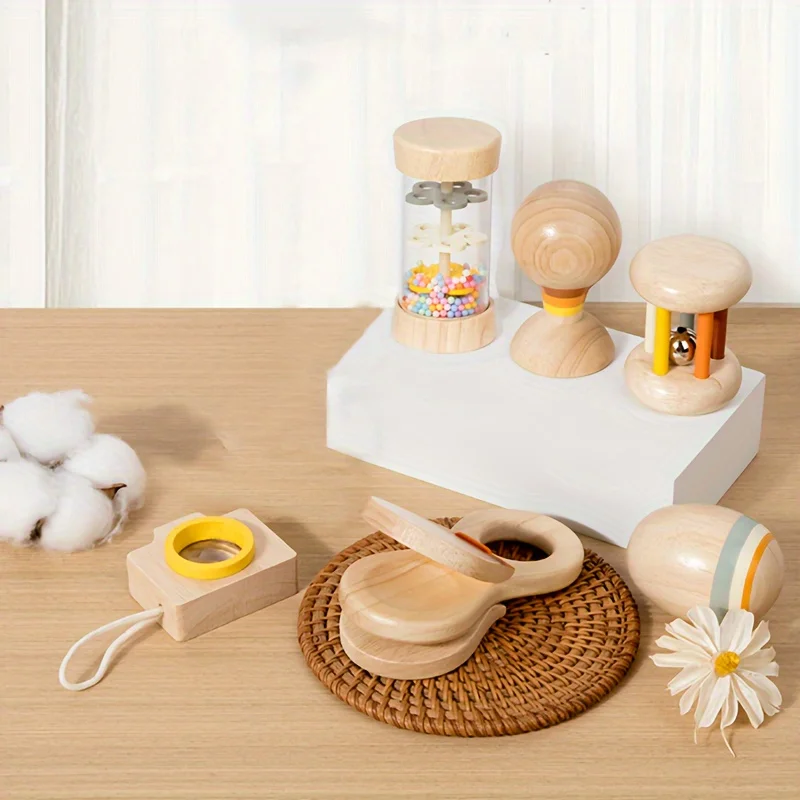 7PCS Houten Rammelaar Speelgoed Baby Rustgevende Muziek Speelgoed Baby Greep Auditieve Visuele Training Pasgeboren Zintuiglijke Training Speelgoed Pasgeboren Geschenken