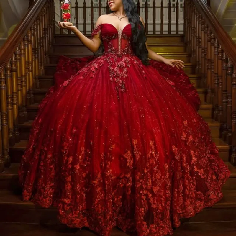 

Shiny Red Quinceanera Dress Crystal butterfly flower Decal Lace layering Long tail Vestidos De 15 Quinceanera ﻿Customize