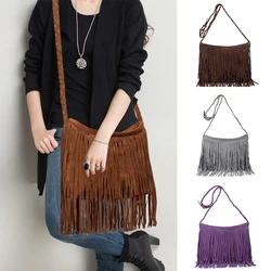 2023 New Women's Fringed Leather Shoulder Bag with Knitting Strap Soft Ethnic Style PU Messenger Bag Solid Color Tassels Handbag