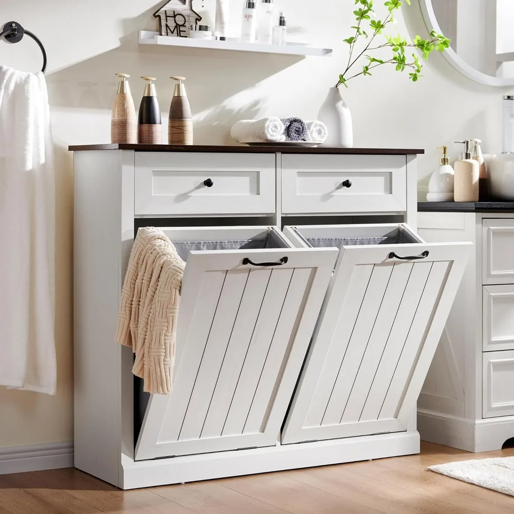 

Double Tilt Out Laundry Hamper Cabinet, 20 Gallon Farmhouse Trash Can Cabinet with Drawer, Hidden Wood Garbage Can Bin Cabinets