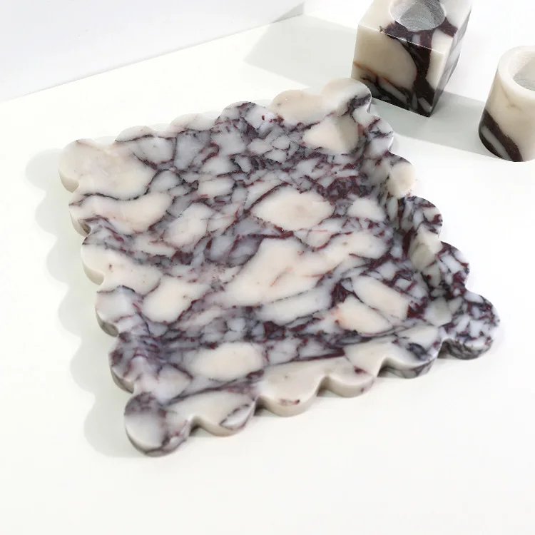 Luxury Natural Marble Flower Edge Tray for Home Table Decor Decoration Fruit Dessert Cake Jewelry Storage Trays Decorative