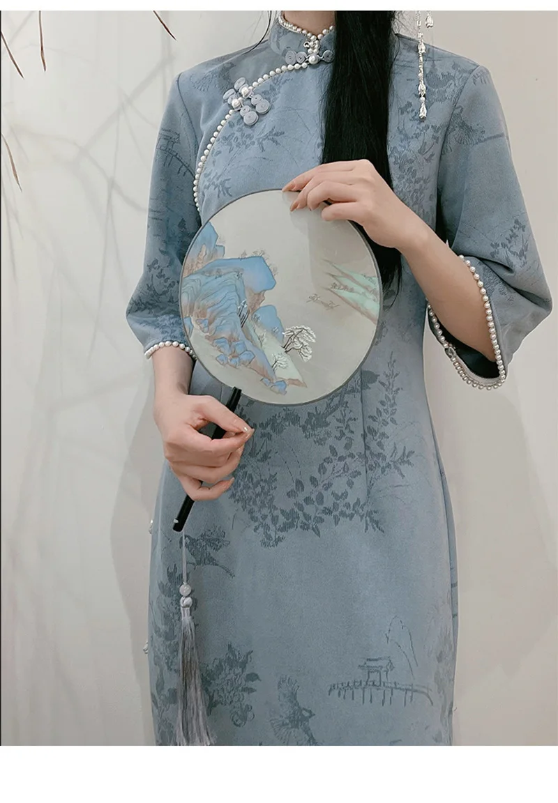 Women New Year Blue Floral Cheongsam 3/4 Sleeve Vintage Chinese Style Dress Show Costumes Female Elegant Improved Long Qipao