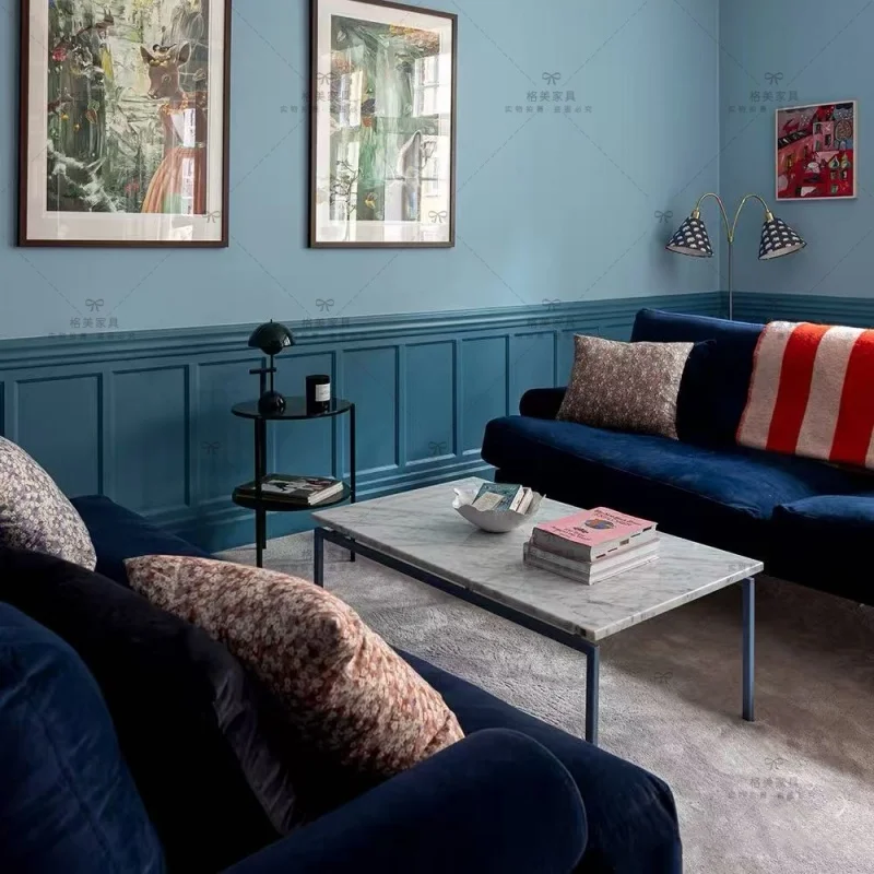 

Blue solid wood fabric small apartment sofa light luxury household modern simple three-person sofa