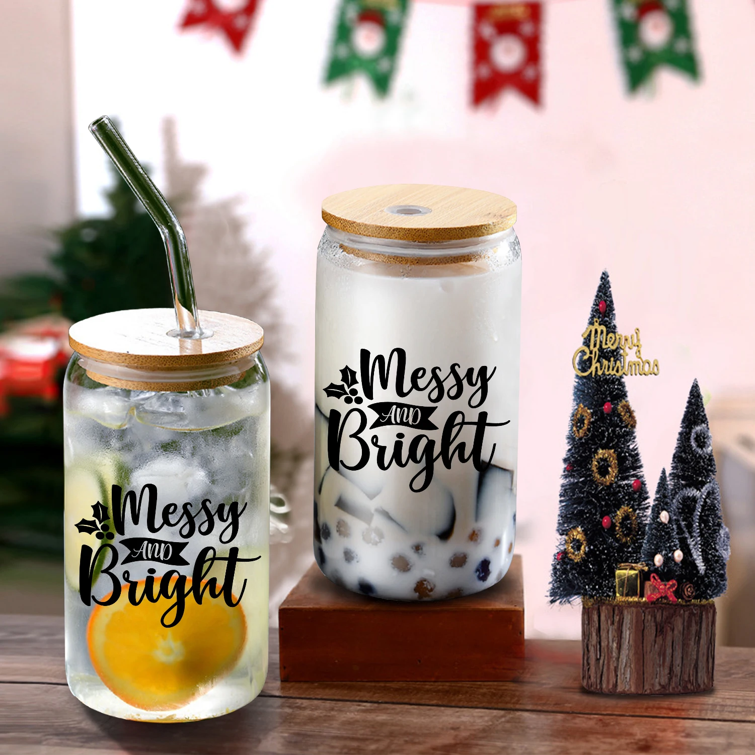 1pc Text Ptinted Christmas Iced Glass Coffee Cup With Lid&Straw Christmas Coffee Mug Christmas Decor Favor 3d Printed