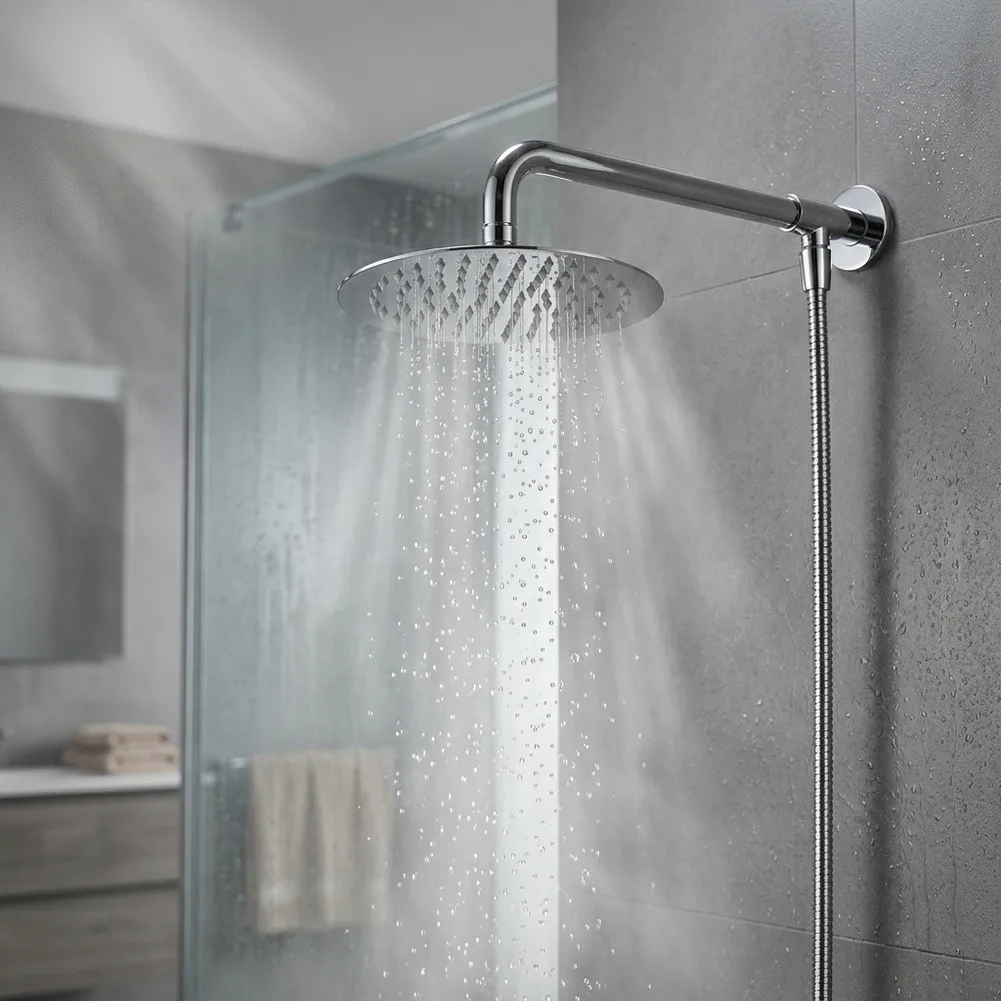 Stainless Steel Round Rain Shower Head with Arm and Hose for Rainfall Effect Compatible with Standard Plumbing
