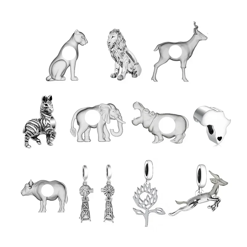 

Fit Original Pan Charm Bracelet 925 Silver Africa Flag Map Lion Hippo Zebra Kudu Buffalo Bead For Making Women Berloque DIY