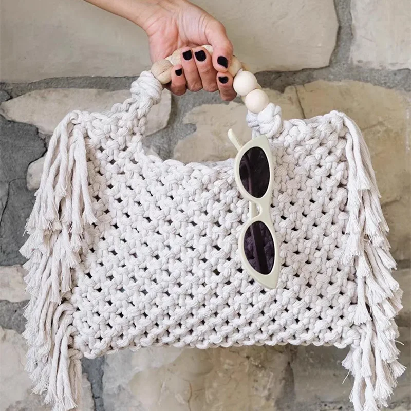 

Handmade Tassel Woven Tote Bag Beads Handle Knitting Women Handbag Rope Crochet Bags for Women Designer Shoulder Bag NEW Shopper