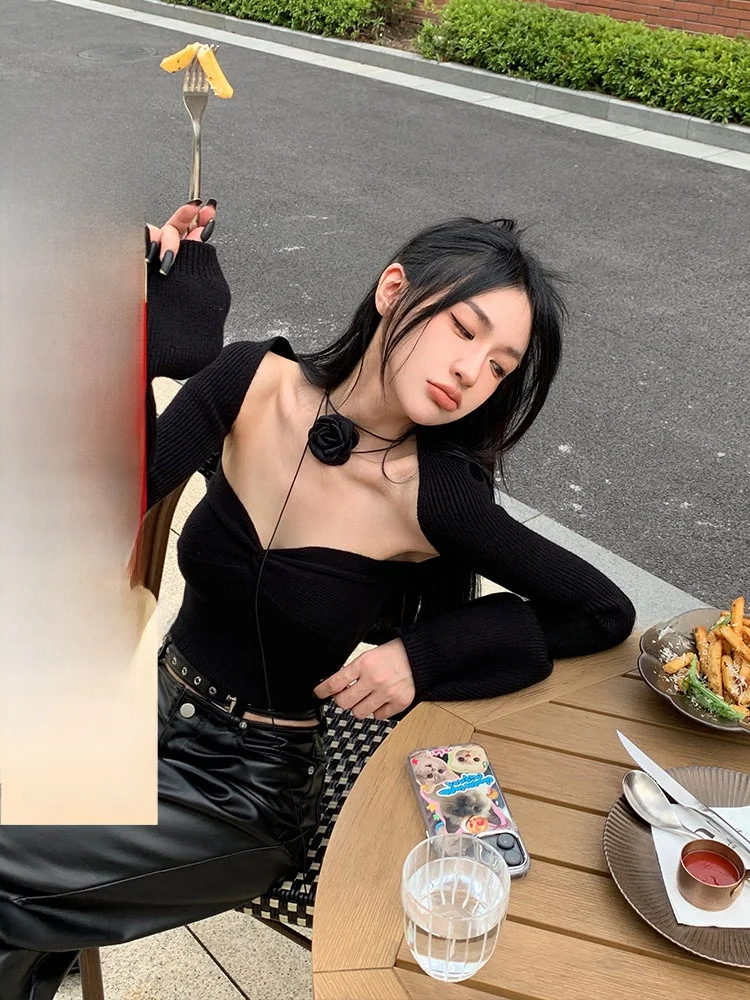 

Slimming Knitted Long Sve Sweater And Crop Top Two Piece Set for Women V Ne Color Autumn Winter Faion Casual Wear