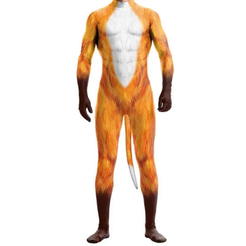 남녀공용 3D 프린트 동물 코스프레 의상, 할로윈 카니발 바디 수트, 꼬리 가랑이 지퍼 점프 수트, 캣수트 젠타이 수트