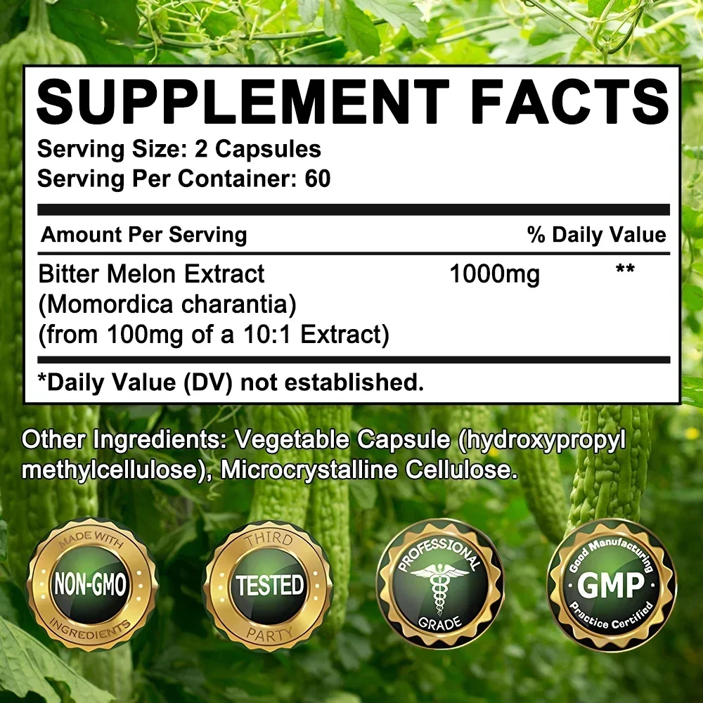 Bitter Melon High Strength and Potency 1000mg Capsules Supports Healthy Blood Pressure and Cholesterol, Glucose Levels