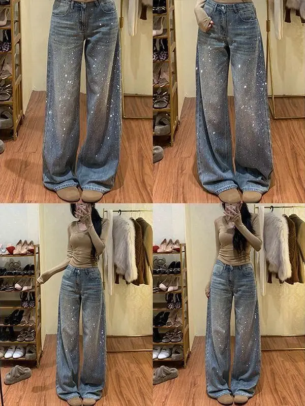 Shiny Star River Rhinestone Denim High Waist Slim Wide Leg Pants Women's Fashion Spring 2026 Vintage Style Distressed Jeans