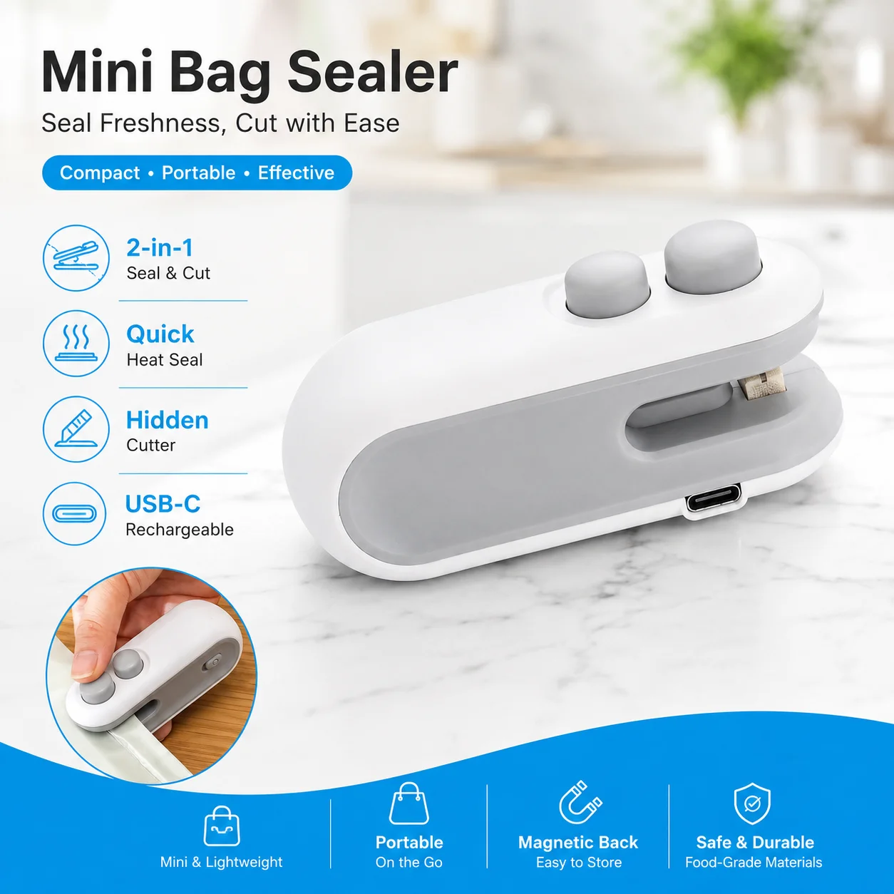 1PC Mini Bag Sealer Portable Heat Sealer Handheld Food Storage Resealer For Snack Chips Plastic Bags Kitchen Home Travel Tool