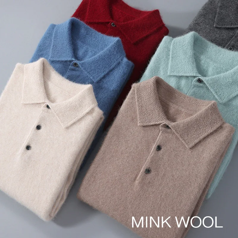 

New Autumn Winter Mink Wool Sweater Men's Shirt Collar Thickened Tops Soft Warm Casual Solid Color Knitted Male Pullover