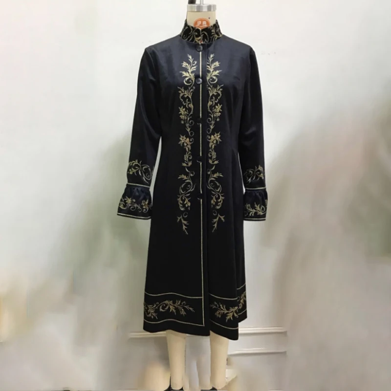 European American Women's Floral Print Velvet Jacket Slim Fit Single-breasted Flare Sleeve Coat Stand Collar Vintage Suit Jacket