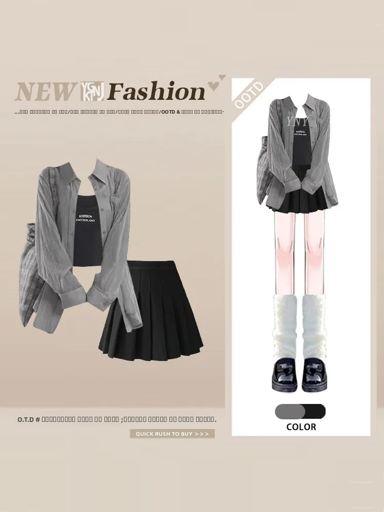 

Simple College Sle Thin Long Sve irt Strap Pleated Skirt Tee Piece Set Spring Anti Aging Slimming Small Size Set