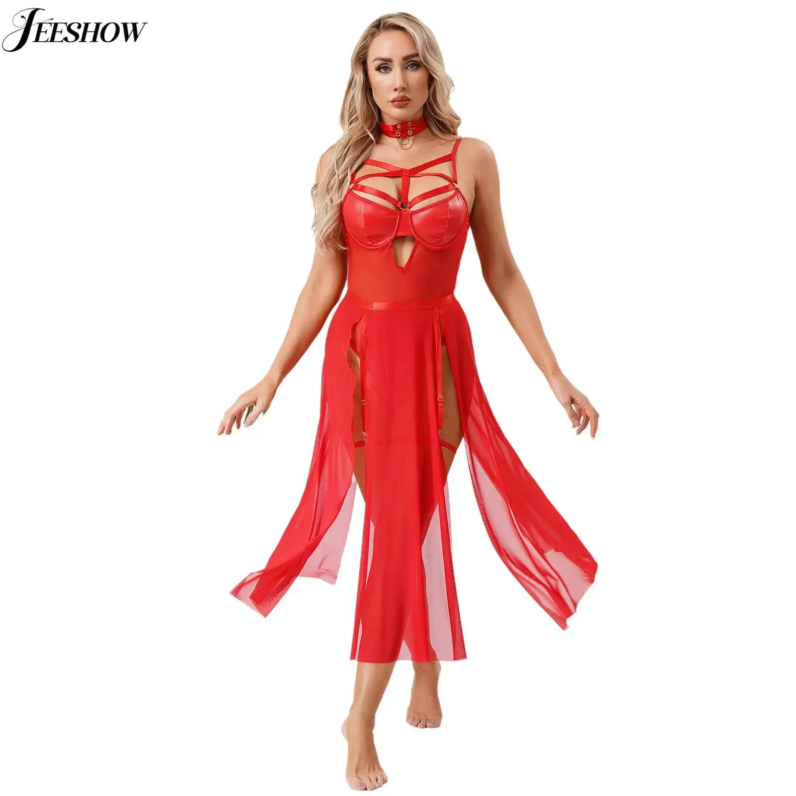 

Women Sexy Sheer Mesh Lingerie Bodysuit PU Leather Patchwork Hollow Out Harness Teddy with Side Slit Skirt and Thigh Band Choker