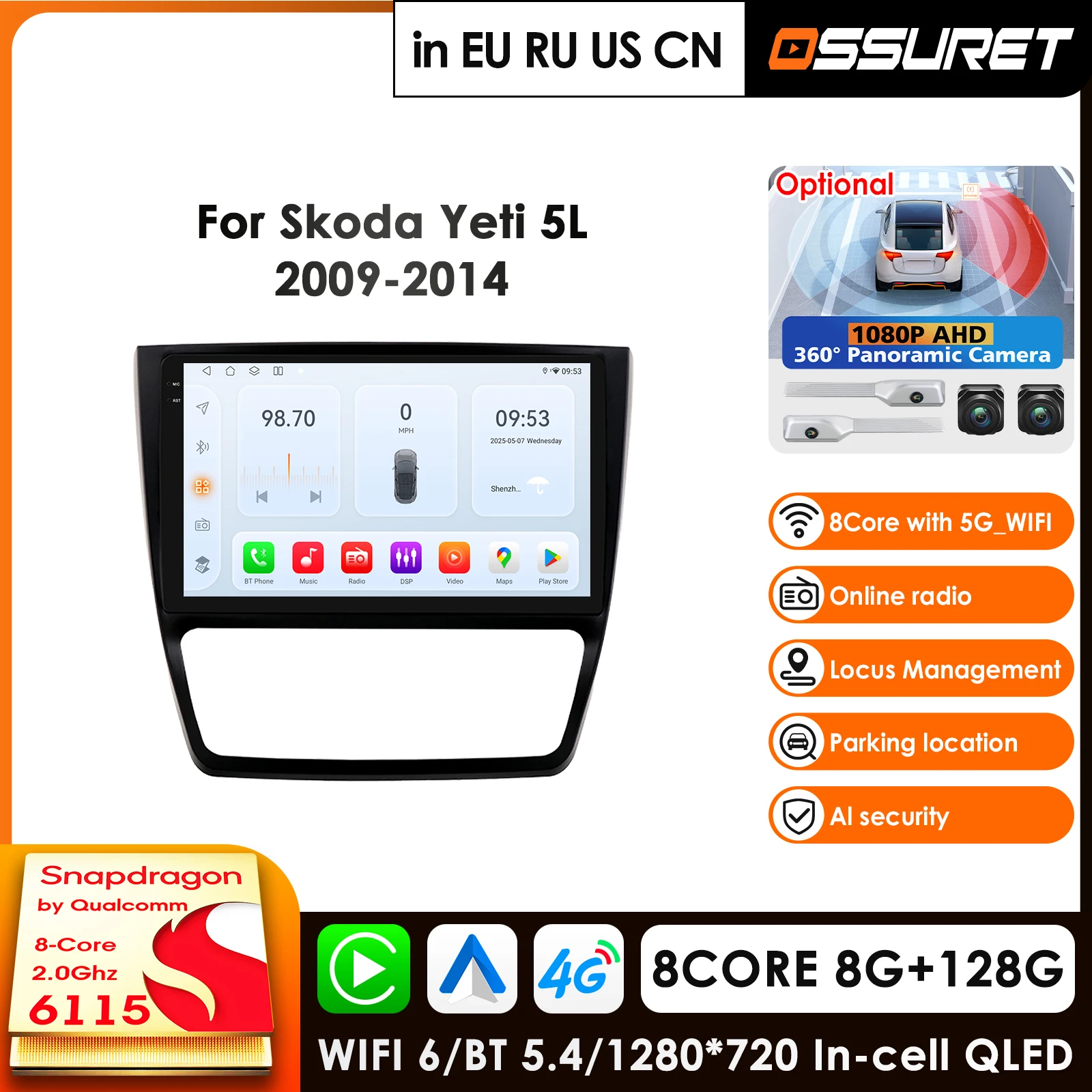 9'' 2din Android 14 4G DSP CarPlay Car Radio Video Player for Skoda Yeti 5L 2009 - 2014 Nav GPS Intelligent System Multimidia
