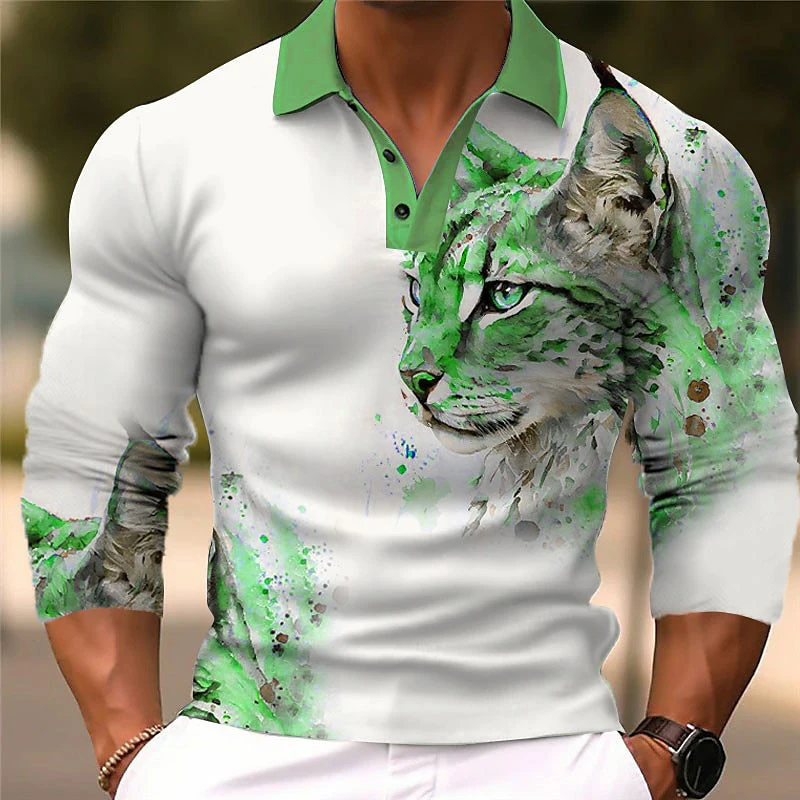 

Casual Animal Leopard Print Men's Long Sleeve Polo Shirt 3D Print Turn-down Collar Buttoned Men And Women Fashion Pullover Tops