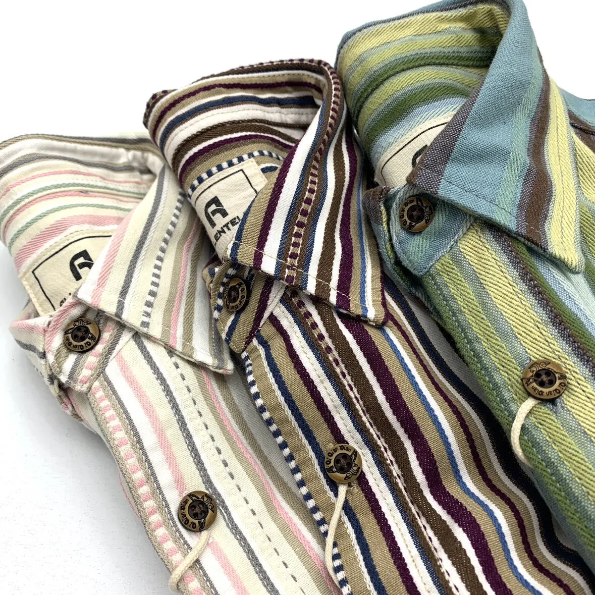 100% cotton Ami khaki Japanese retro shirt men's colorful striped loose long-sleeved shirt