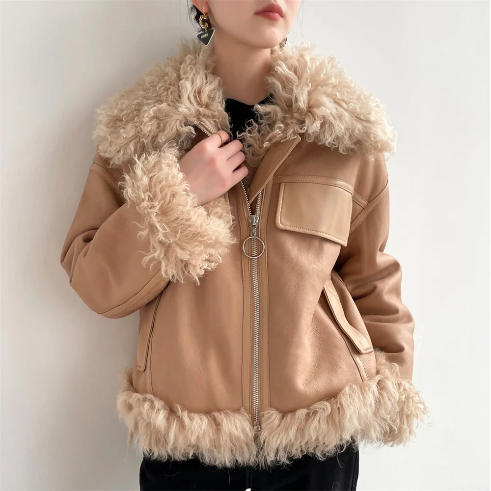 2023 Khaki Tigrado Shearling Fur Coat Women Winter Fashion Cool Casual Daily Winter Warm Real Fur Jackets